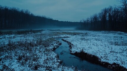 Serene winter landscape; snow-covered field with a stream.
