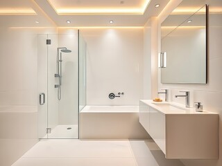 Modern White Bathroom Mockup - Sleek Fixtures & Glass Shower