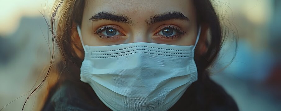 a woman's face wearing a medical mask, emphasizing the importance protective measures during virus outbreaks, set in a thoughtful composition. - Powered by Adobe