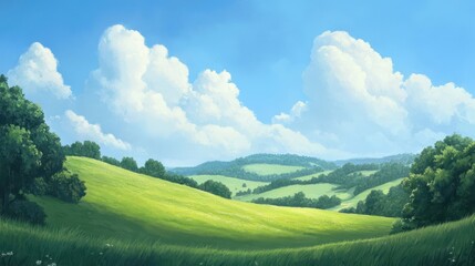 Obraz premium Beautiful green field landscape under a bright sunny blue sky with clouds