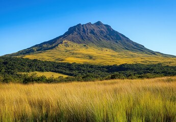Fototapeta premium Stunning Mountain Landscape Under Clear Blue Sky with Lush Greenery and Golden Grass in the Foreground Offering Serene Nature Scenery