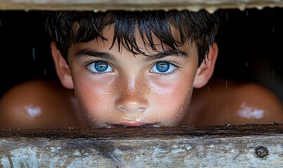 Closeup Portrait of a Boy Peeking Through Wood