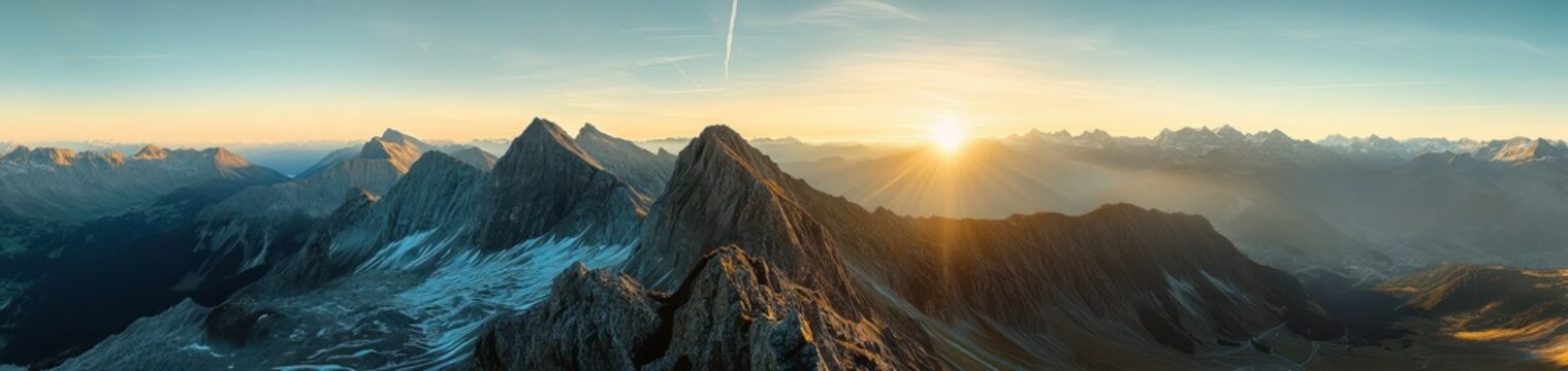 Stunning panoramic view of majestic mountains at sunrise with soft light illuminating jagged peaks and valleys in a breathtaking alpine landscape.