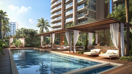 Fototapeta premium Luxury Poolside Oasis with Modern Design and Tropical Surroundings