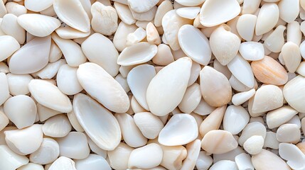 Close-up beach seashells, shells scattered, neutral surface background, for texture/design
