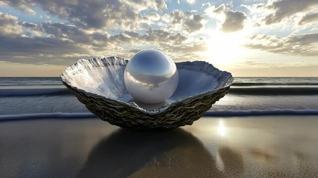 Majestic pearl resting on an oyster shell by the sea at sunset, reflecting golden skies