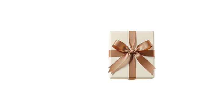Elegant gift box wrapped in cream-colored paper with a satin brown ribbon bow, isolated on a white background. Perfect for celebrations and holidays. Ai generative
