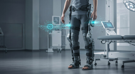 Man wearing medical exoskeleton in futuristic hospital room. Advanced rehabilitation technology for mobility assistance. Innovative healthcare concept.