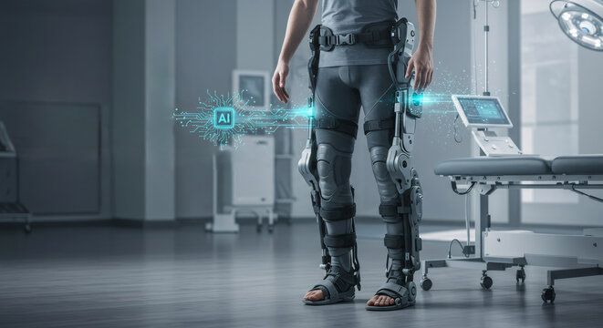 Man wearing medical exoskeleton in futuristic hospital room. Advanced rehabilitation technology for mobility assistance. Innovative healthcare concept.