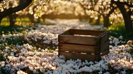 A wooden crate sits amidst fallen blossoms on the ground