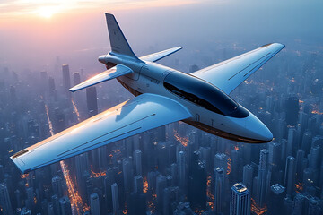 Luxury private jet flying over city skyline at sunset aerial perspective modern travel experience