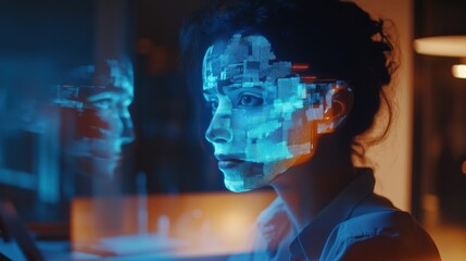Businesswoman working in a futuristic office, illuminated by holographic facial recognition software, emphasizes the role of advanced technology in modern business