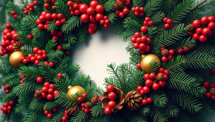 A lush, green fir wreath adorned with red berries, gold ornaments, and pinecones, gold, ribbon