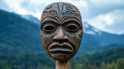 Traditional mask made clay intricate carvings cultural heritage displayed outdoor natural mountain landscape ancient tribal artifact handcrafted wood craftsmanship detailed closeup craft folklore