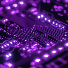 Close-up of glowing purple circuit board with intricate patterns
