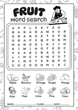 10 word search puzzles about fruits, both vertical and horizontal, suitable for grade 1.