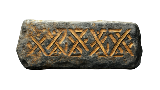 Grey stone showing ancient engravings on transparent background