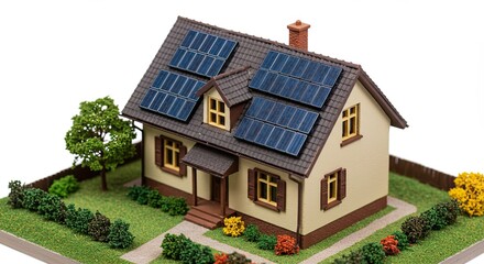 Eco-friendly home with solar panels and lush greenery