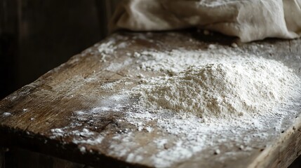Flour Pile on Rustic Wood Surface Ready for Baking Preparation