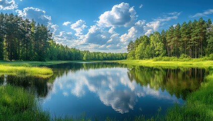 Obraz premium Tranquil Lake Surrounded by Lush Green Forest and Blue Sky with Fluffy Clouds Reflecting on Still Water in a Serene Nature Landscape