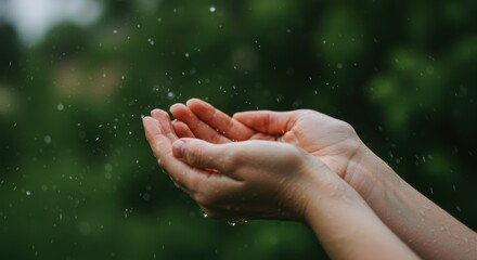 Hands cupping rainwater outdoors with nature in background