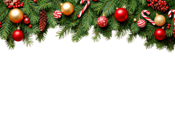 Festive Christmas tree branches decorated with red and gold ornaments, pinecones, and candy canes on a white background. Holiday celebration concept. Ai generative