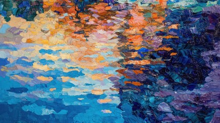 Colorful and abstract painting depicting the reflections on water surfaces