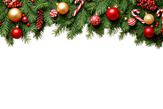 Festive Christmas tree branches decorated with red and gold ornaments, pinecones, and candy canes on a white background. Holiday celebration concept. Ai generative