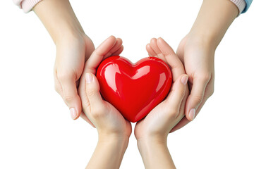 Obraz premium Hands gently holding a red heart on a white background, symbolizing love, care, and support. Concept of kindness, charity, and emotional connection. Ai generative