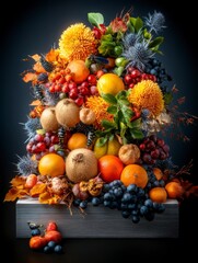 Vibrant Arrangement of Fruits and Floral Elements in Still Life