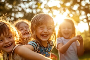 Obraz premium Joyful Children Playing Together in Natural Outdoor Setting with Genuine Laughter and Playful Activity Capturing Authentic Childhood Happiness