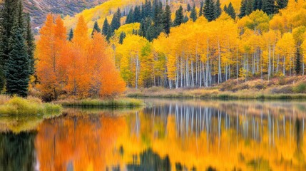 Naklejka premium A stunning reflection of fall foliage in tranquil water during autumn