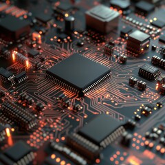 Glowing microchip circuit board close-up with lit pathways and components