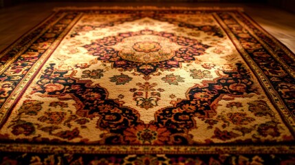 A detailed close up view of an ornate oriental rug