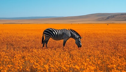 Naklejka premium Zebra Grazing In Orange Flower Field