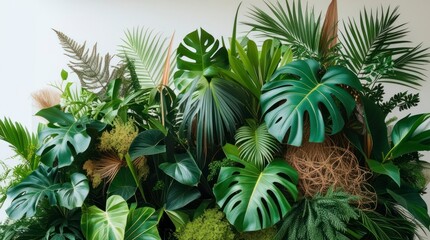 Fototapeta premium A vibrant and lush floral arrangement of a variety of tropical plants, including Monstera and more