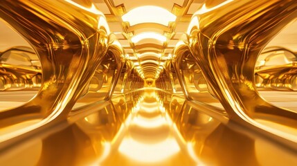 Golden architectural structure displaying a long hallway with reflective surfaces