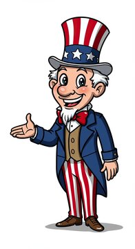 Cartoon uncle sam character with patriotic hat and striped pants offering a friendly gesture