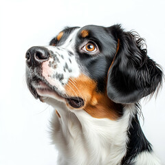Adorable Canine Close-Up: Playful Dog Portrait with Spotty Fur and Colored Eyes in High Contrast