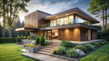 Fototapeta premium A sleek modern home with a wooden exterior and a sloping roof, set among lush greenery and a tranquil landscape , outdoor living space, minimalist architecture