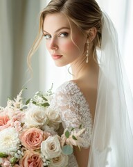 Naklejka premium Exquisite Radiant Bride Embodying Timeless Elegance and Grace in a Stunning Modern Wedding Portrait Evoking Dreams of Love