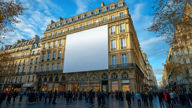 Blank Billboard on Parisian Building: Advertising Space in City Center
