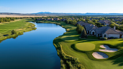 Luxury golf course with waterfront homes surrounded by lush green fairways and a peaceful lake in a scenic landscape
