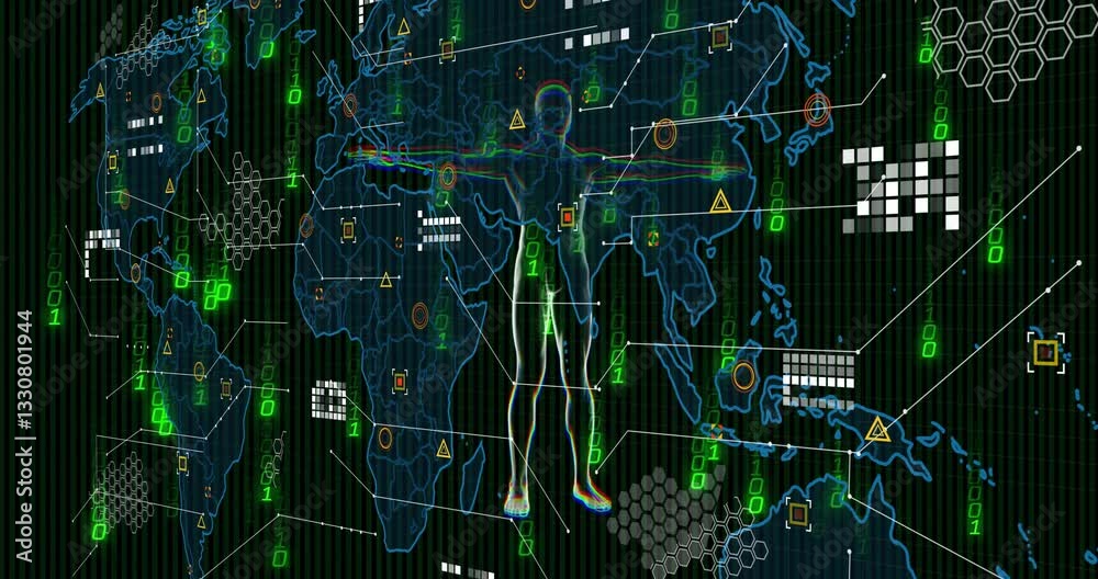 Aufkleber digital human silhouette over world map with data and binary code animation