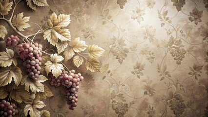 Elegant grapevine branch with ripe fruit displayed against a vintage floral backdrop