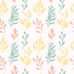 Seamless pattern with hand drawn pastel leaves. Loose botanical repeat background. Rough foliage wallpaper.