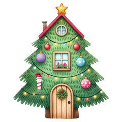 Christmas house concept. A whimsical illustration of a decorated Christmas tree house adorned with colorful ornaments and lights, creating a festive holiday vibe.