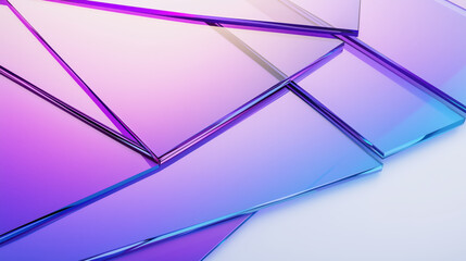 Purple and Blue Glass Sheets and Panels in Angular Pattern on the Right Side with Transparent Texture, Gradient Colors, and Smooth Light Reflections Against a White Background
