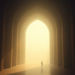 Fototapeta premium Generative AI Man Walks Toward Bright Light Tunnel tunnel arches light person walking architecture golden corridor hallway man hope future pathway journey inspiration - Perfect for