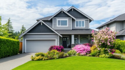 Modern Luxury Home Entrance with Clean Lines, Surrounded by Greenery, Under a Clear Blue Sky, Minimalistic and Serene Design.
